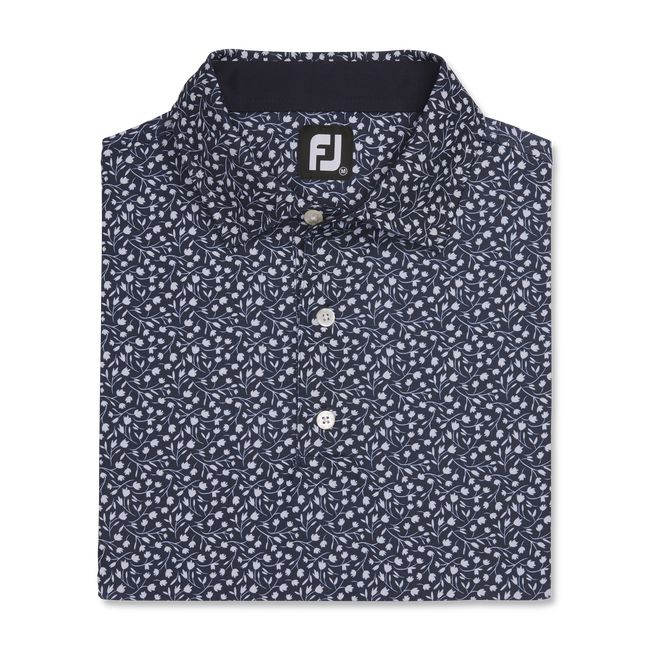 Men's Footjoy Lisle Tossed Tulips Self Collar Shirts Navy / White | ZWTNEOH-12