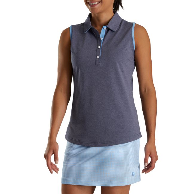 Women's Footjoy Pique Sleeveless Houndstooth Trim Shirts Navy | UTWZFAO-09