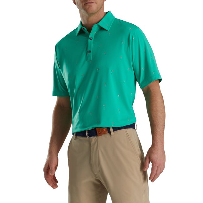 Men's Footjoy 18 Holes Print Lisle Self Collar Shirts Green | HXGALZJ-61