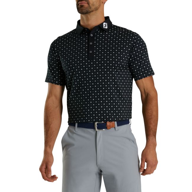 Men's Footjoy Athletic Fit Deco Print Self Collar Shirts Black | LJGBPUZ-69