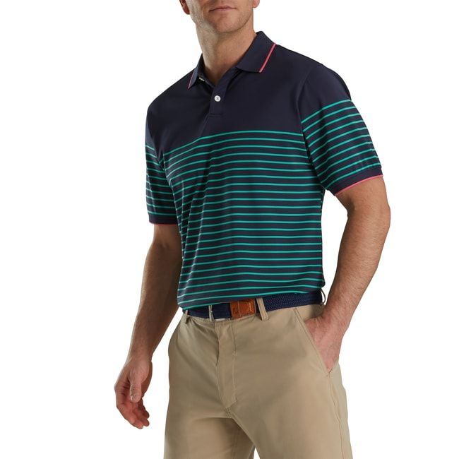 Men's Footjoy Breton Stripe Stretch Pique Knit Collar Shirts Navy / Green | KOPSGWF-28