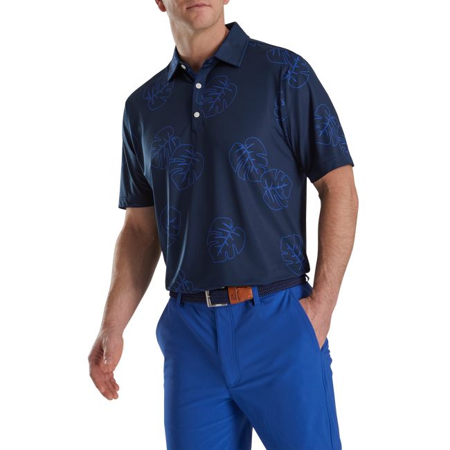 Men's Footjoy Jungle Leaf Print Lisle Self Collar Shirts Navy | KRTAQED-82