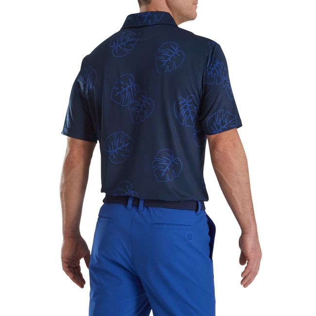 Men's Footjoy Jungle Leaf Print Lisle Self Collar Shirts Navy | KRTAQED-82