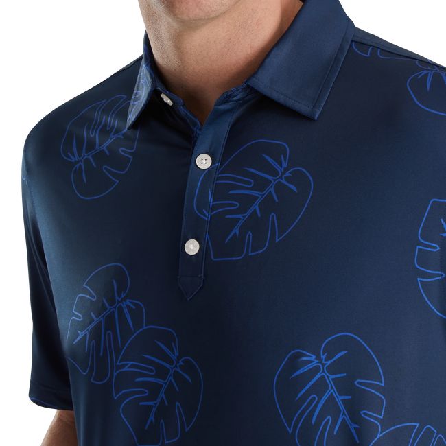 Men's Footjoy Jungle Leaf Print Lisle Self Collar Shirts Navy | KRTAQED-82