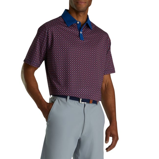 Men's Footjoy Lisle Circle Print Self Collar Shirts Burgundy | FVQNKPZ-71