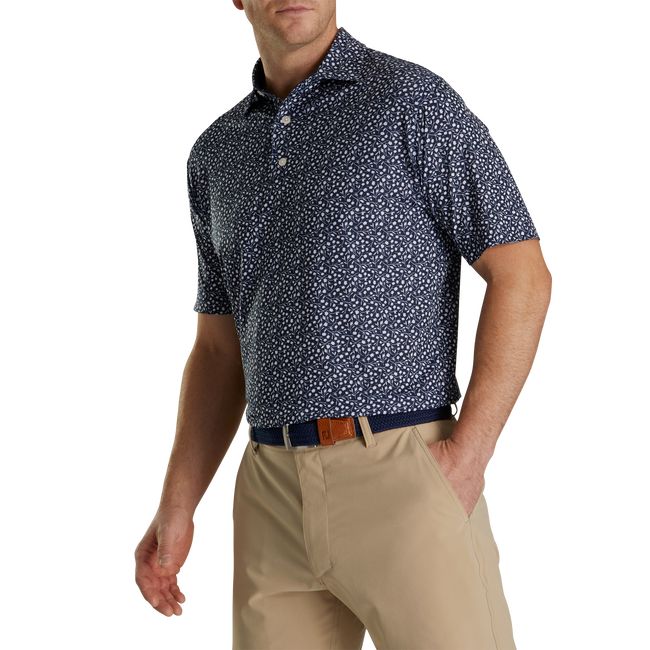 Men's Footjoy Lisle Tossed Tulips Self Collar Shirts Navy / White | ZWTNEOH-12