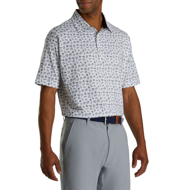 Men's Footjoy Lisle Travel Print Self Collar Shirts White / Black | EKOTLUC-08