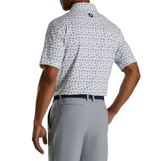 Men's Footjoy Lisle Travel Print Self Collar Shirts White / Black | EKOTLUC-08