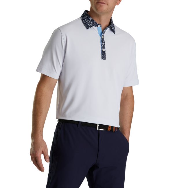 Men's Footjoy Pique Tulip Trim Stretch Lisle Collar Shirts White / Navy | LOTMDNA-53