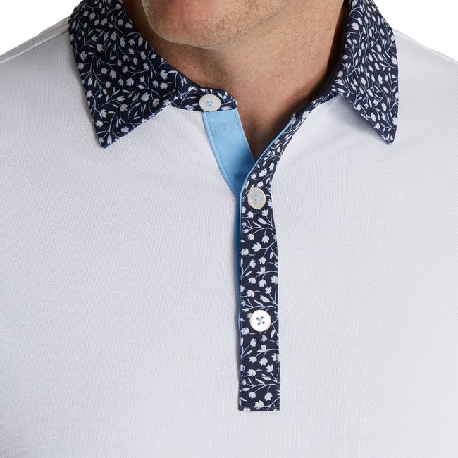 Men's Footjoy Pique Tulip Trim Stretch Lisle Collar Shirts White / Navy | LOTMDNA-53