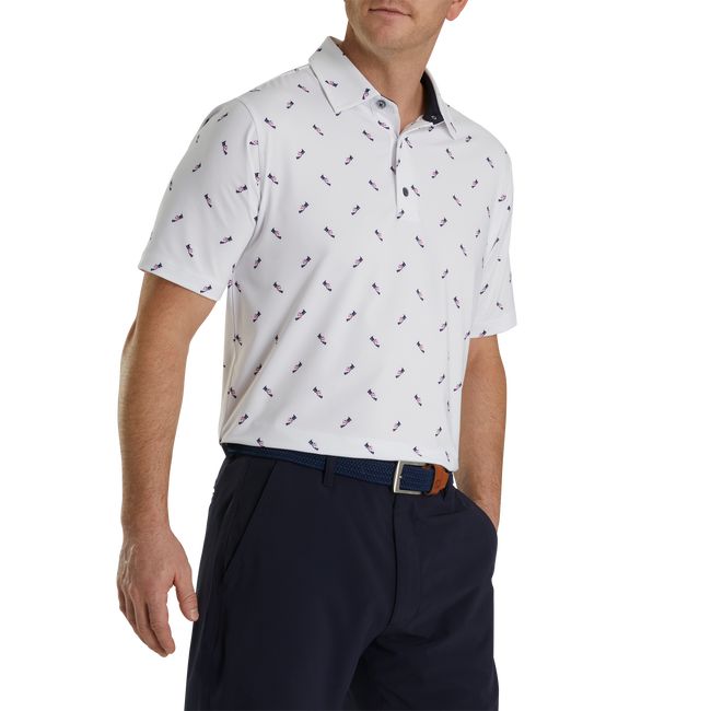 Men's Footjoy Shoe Print Lisle Self Collar Shirts White | RLZHXWD-41