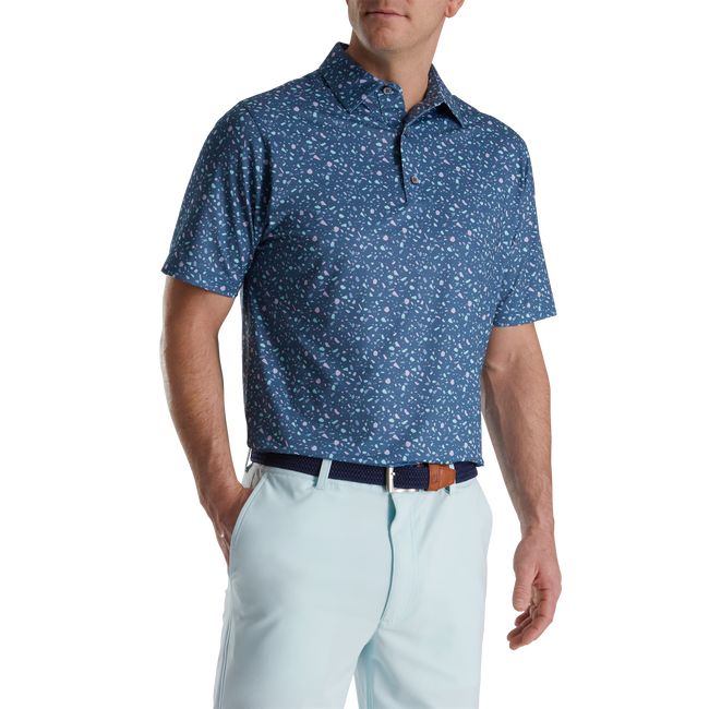 Men's Footjoy Terrazzo Print Lisle Self Collar Shirts Blue | LYUSIPQ-30