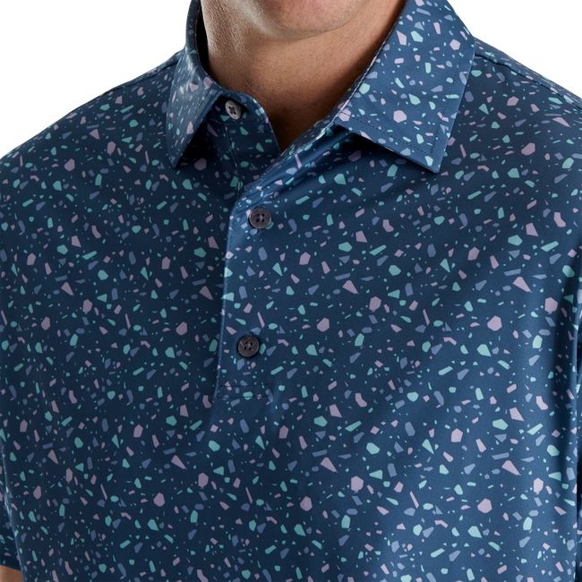 Men's Footjoy Terrazzo Print Lisle Self Collar Shirts Blue | LYUSIPQ-30