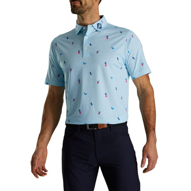 Men's Footjoy Tiki Print Lisle Self Collar Shirts Blue | IGBPKDE-38