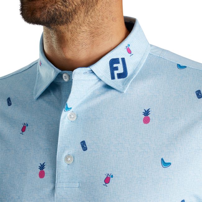 Men's Footjoy Tiki Print Lisle Self Collar Shirts Blue | IGBPKDE-38