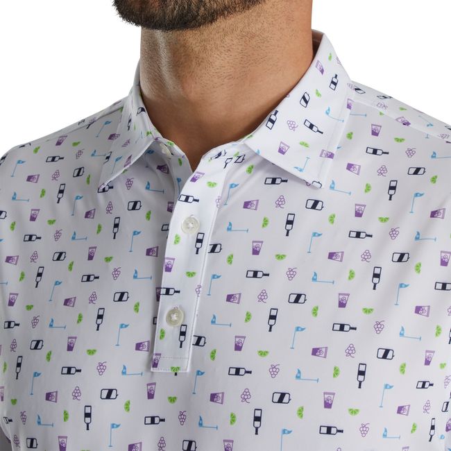 Men's Footjoy Transfusion Print Lisle Self Collar Shirts White | YCNOMFD-17