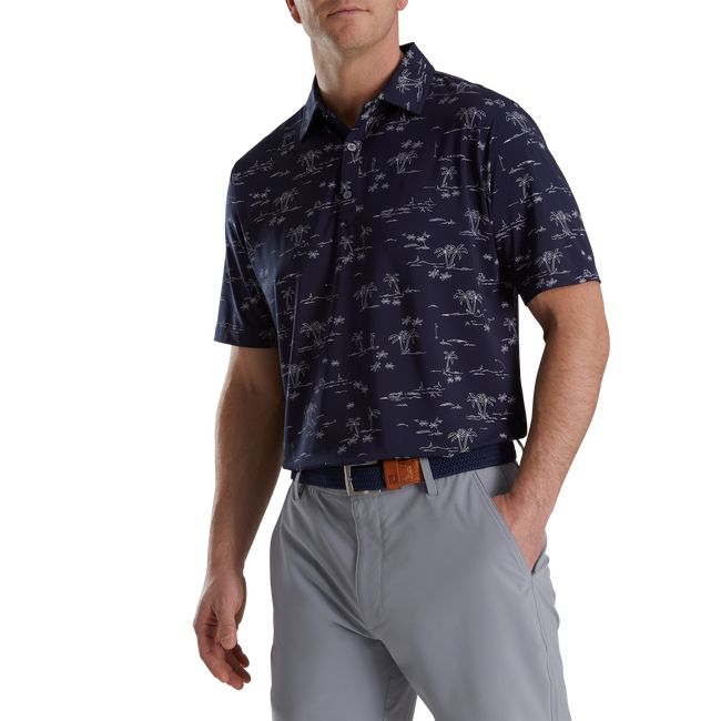 Men's Footjoy Tropic Golf Print Lisle Self Collar Shirts Black | CUVTBPE-14