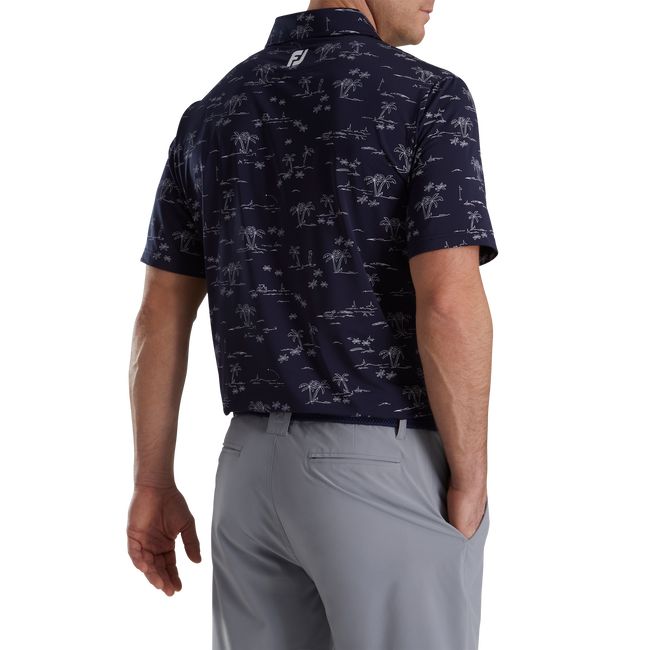 Men's Footjoy Tropic Golf Print Lisle Self Collar Shirts Black | CUVTBPE-14