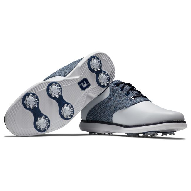 Women's Footjoy Lewis Traditions Spiked Golf Shoes White / Blue | ZSBXNDY-65