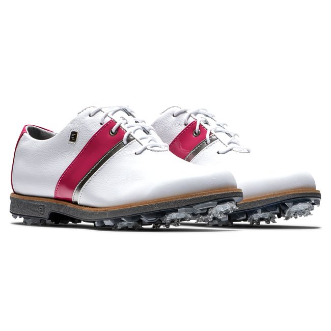 Women's Footjoy MyJoys Premiere Series - Traditional Spiked Golf Shoes White / Fuchsia | SDUMCKZ-49