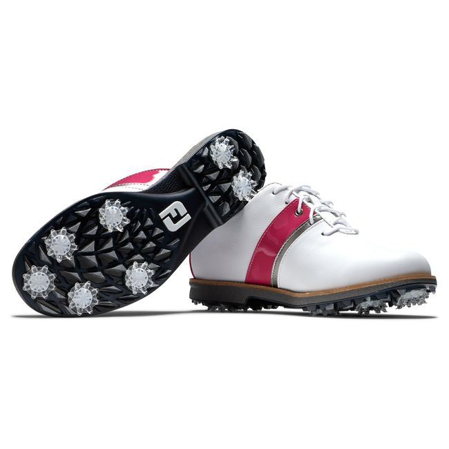 Women's Footjoy MyJoys Premiere Series - Traditional Spiked Golf Shoes White / Fuchsia | SDUMCKZ-49