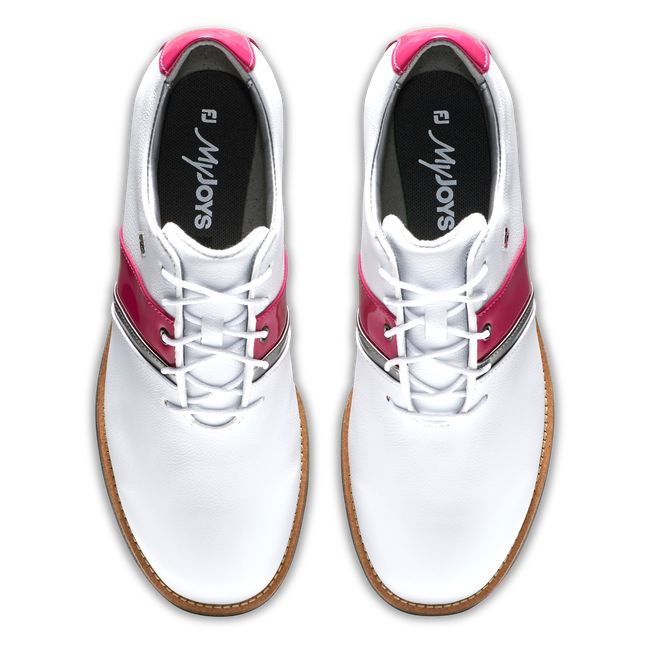 Women's Footjoy MyJoys Premiere Series - Traditional Spiked Golf Shoes White / Fuchsia | SDUMCKZ-49