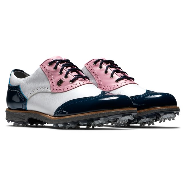 Women's Footjoy Myjoys Premiere Series - Shield Tip Spiked Golf Shoes White / Pink / Navy | BIDRFJG-71