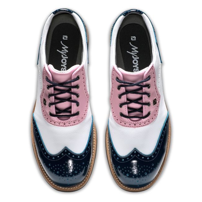 Women's Footjoy Myjoys Premiere Series - Shield Tip Spiked Golf Shoes White / Pink / Navy | BIDRFJG-71