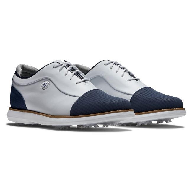 Women's Footjoy Traditions Cap Toe Spiked Golf Shoes White / Navy | GYXOREZ-49