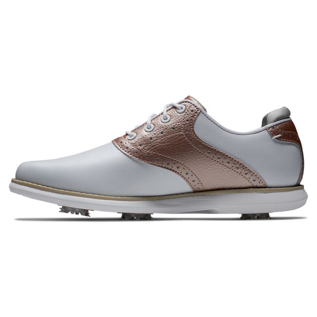 Women's Footjoy Traditions Spiked Golf Shoes White / Rose Gold | ARJIDFK-81