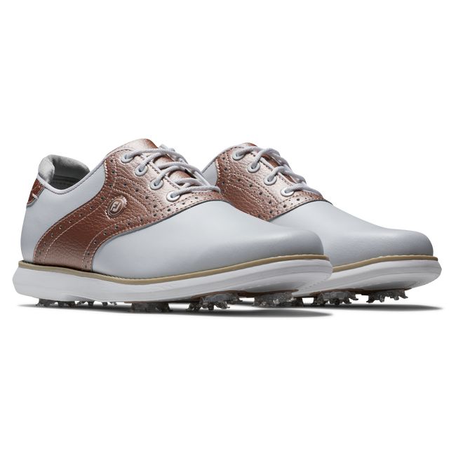 Women's Footjoy Traditions Spiked Golf Shoes White / Rose Gold | ARJIDFK-81