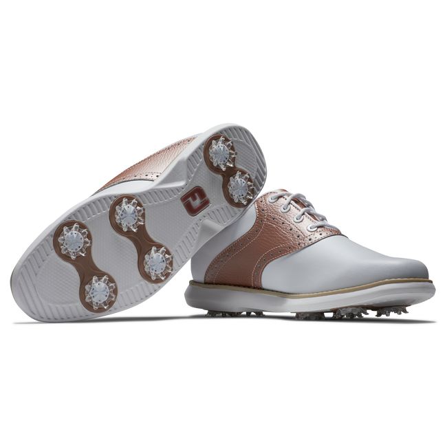 Women's Footjoy Traditions Spiked Golf Shoes White / Rose Gold | ARJIDFK-81