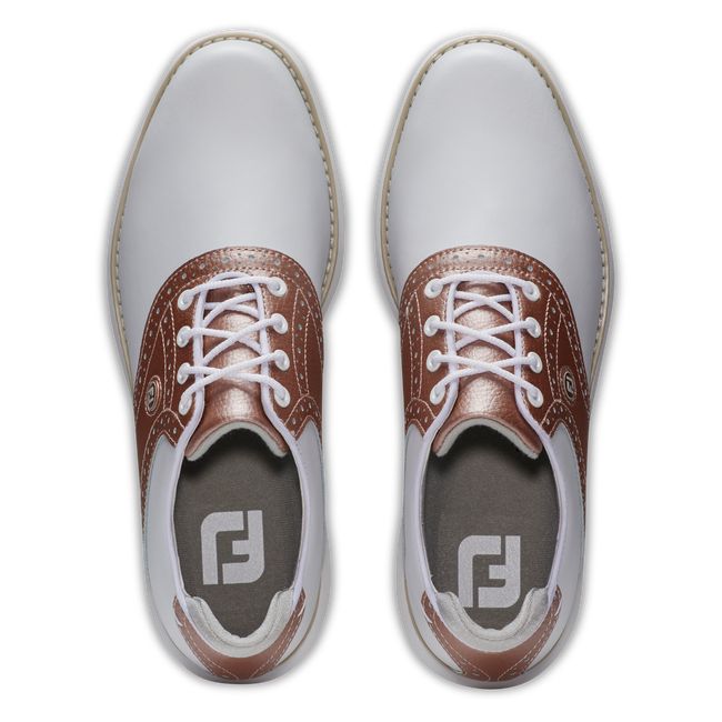 Women's Footjoy Traditions Spiked Golf Shoes White / Rose Gold | ARJIDFK-81