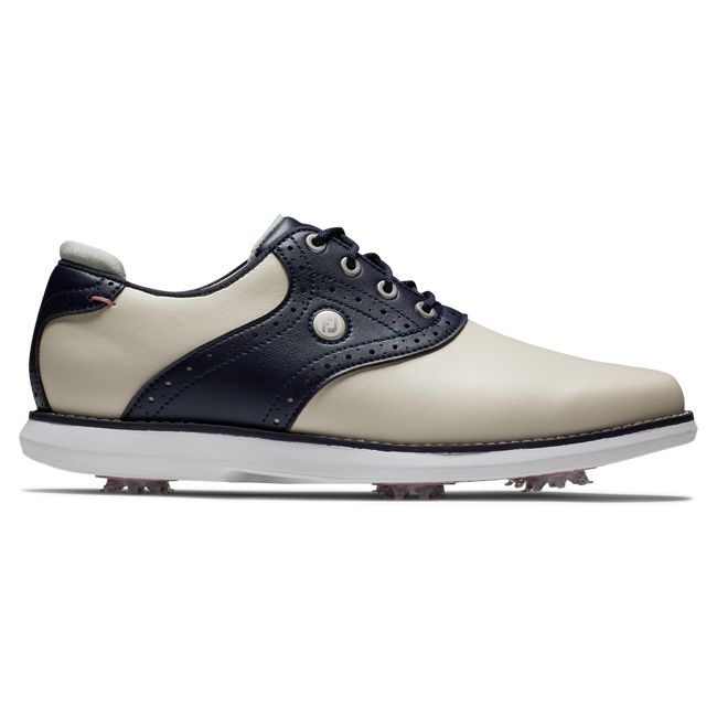 Women\'s Footjoy Traditions Spiked Golf Shoes Cream / Navy | LBOIQCK-64